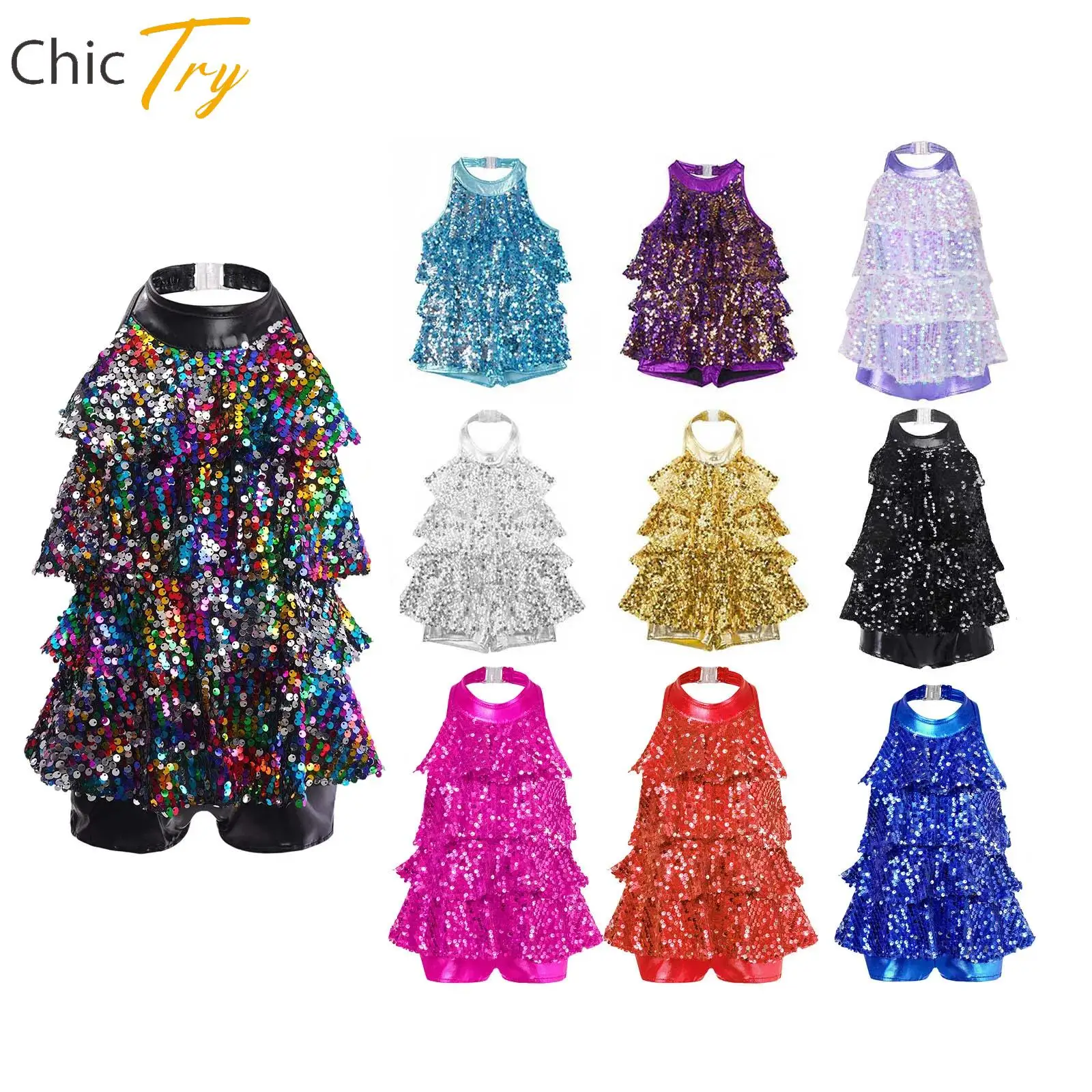 

Girls Shiny Sequin Ballet Jazz Dance Leotard Dress Sleeveless Halter Neck Dress for Festival Stage Performance Dancing Party