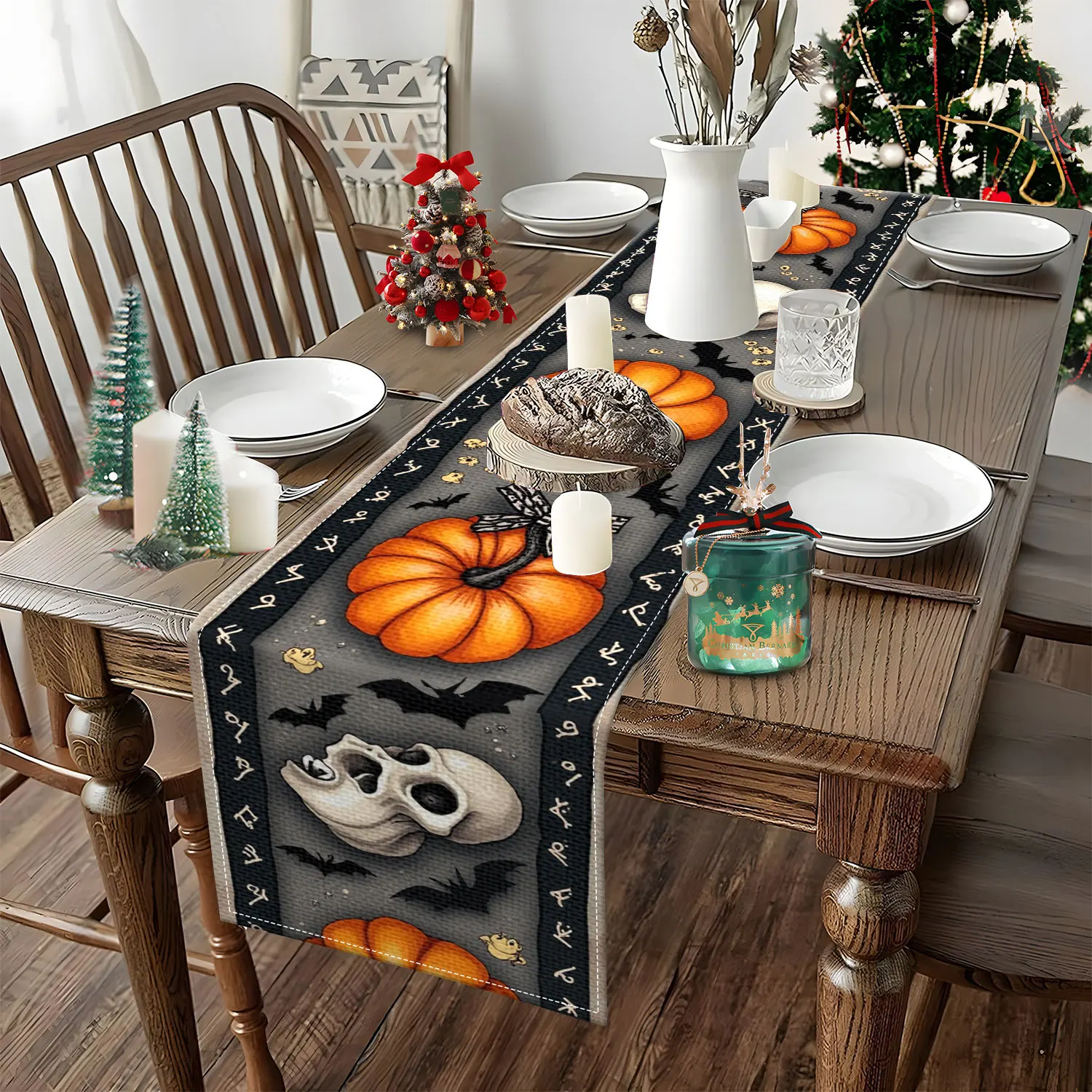 قطعة واحدة من مفرش طاولة الهالوين ذو الطابع الداكن، يتميز بجمجمة واليقطين والهيكل العظمي وأنماط الخفافيش، مناسب لحفلات الهالوين والديكورات الداكنة #4