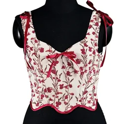 Vintage Flower Print Overbust Corset Crop Top Vest For Women Bandage Sleevelsss Summer Bustier