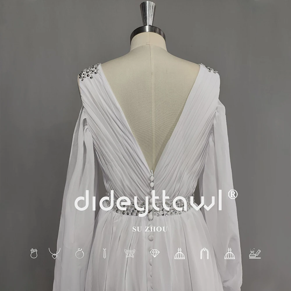 DIDEYTTAWL-vestido de novia de gasa para mujer, traje de novia cuello de pico con cinturón y bohemio, con lentejuelas, con botones, fruncido