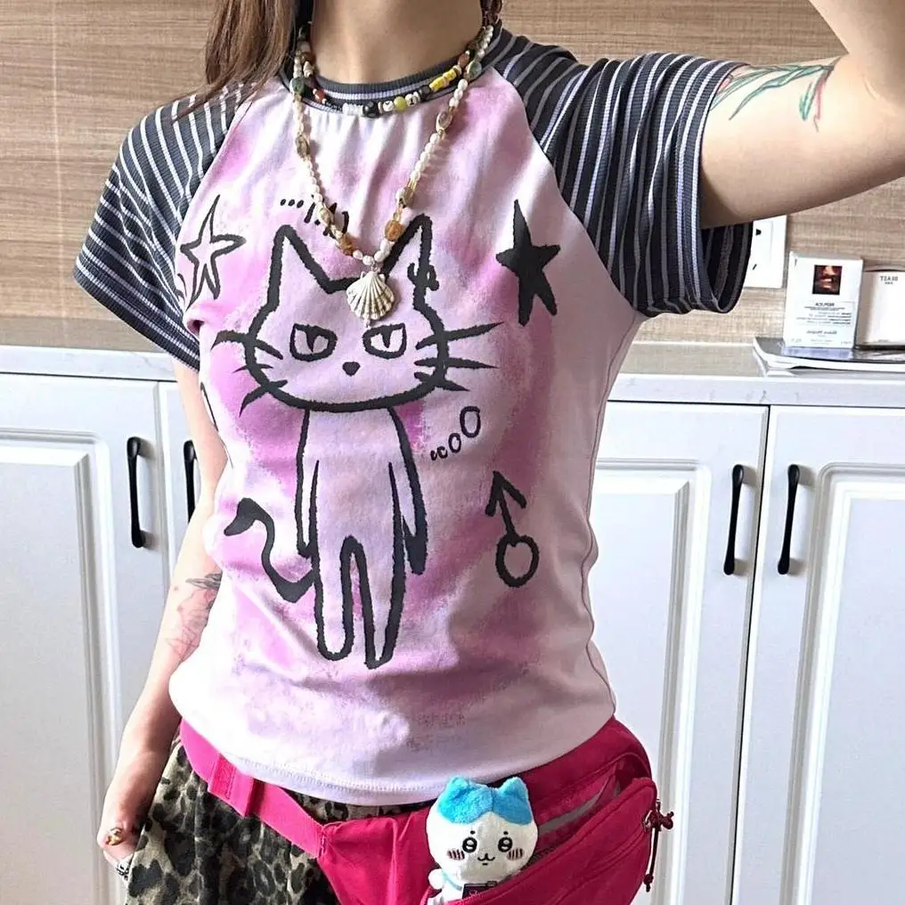 

Y2k Straight Shoulder T-shirt Short Sleeves Women's Summer Design Niche Cotton Striped Stitching Tops Women