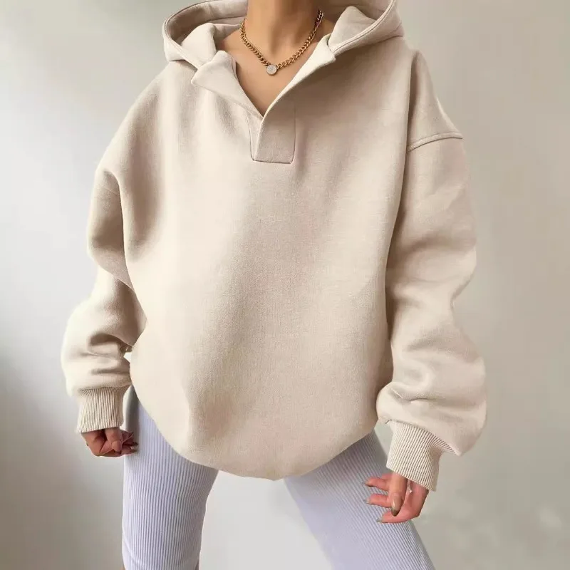 Autumn Winter Women's Pullovers Solid Color Long Sleeved Hooded Loose Casual  Hoodie Lady's Oversize Tops Sweatshirt 2025 New