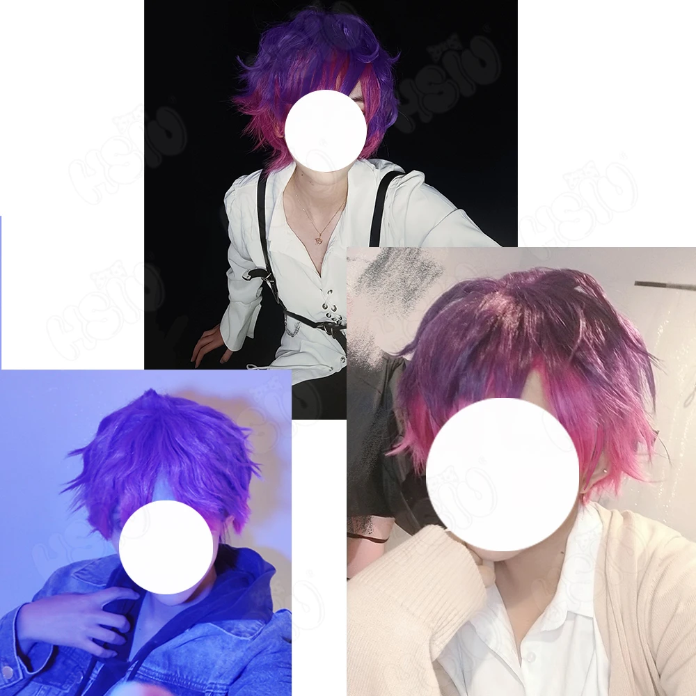 Uki Violeta peruka do Cosplay Vtuber NOCTYX Cosplay peruka z włókna syntetycznego 「 HSIU 」 Gradient fioletowy krótki kręcone włosy + darmowa peruka