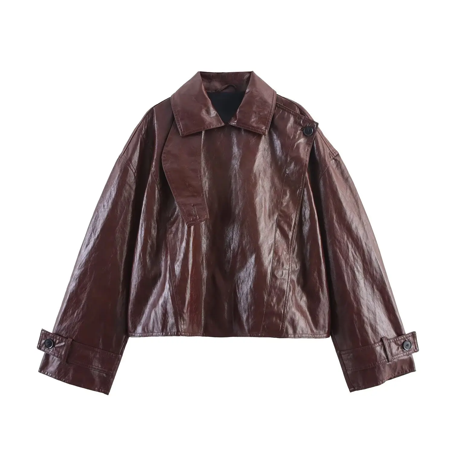 

ZBZA Woman's Cropped Jacket Retro Lapel Single Button Long Sleeves Solid Color Pockets Jacket Street Trend Early Autumn New Top