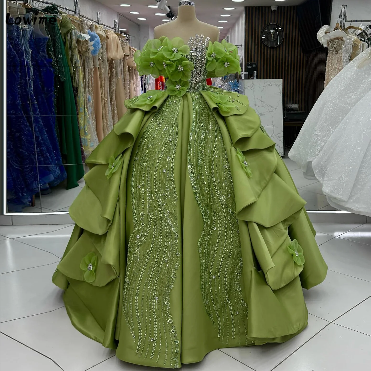 

Luxury Evening Dress Olive Green Floral Ball Gown Crystal Sequin Embellished Dress Grand Wedding Dress Customizable 2025