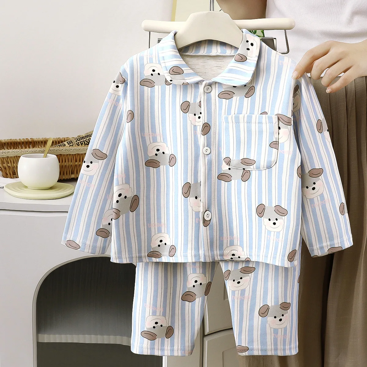 Cute Cartoon Bear Print Kids Pajama Set Long Sleeve Boys Nightclothes Soft Toddler Girls Sleepwear