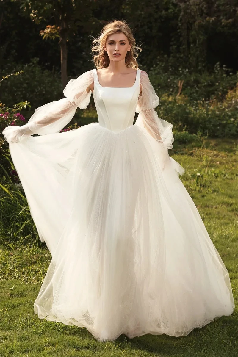 

Puffy Sleeve Wedding Dresses Prom Dress Sweetheart Tulle Ball Gown Slit Formal Evening Gowns Princess
