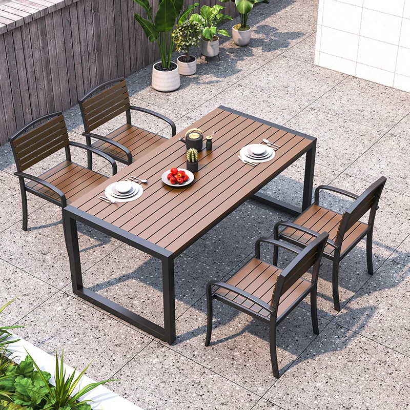 

Outdoor courtyard wrought iron plastic wood tables and chairs outdoor waterproof and sun-proof casual dining table