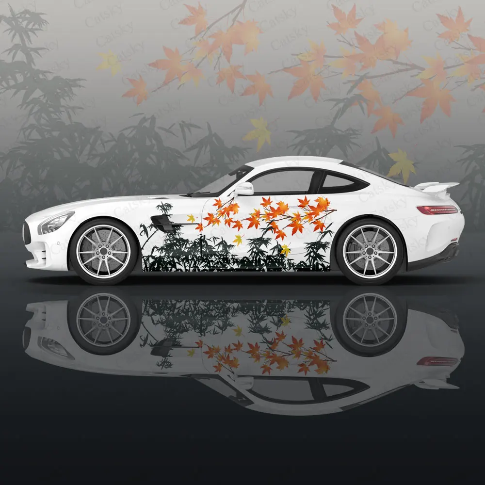 Bamboo and Maple Leaves Design Car Body Stickers Itasha Vinyl Car Side Decal Sticker Car Body Sticker Car Decor Stickers