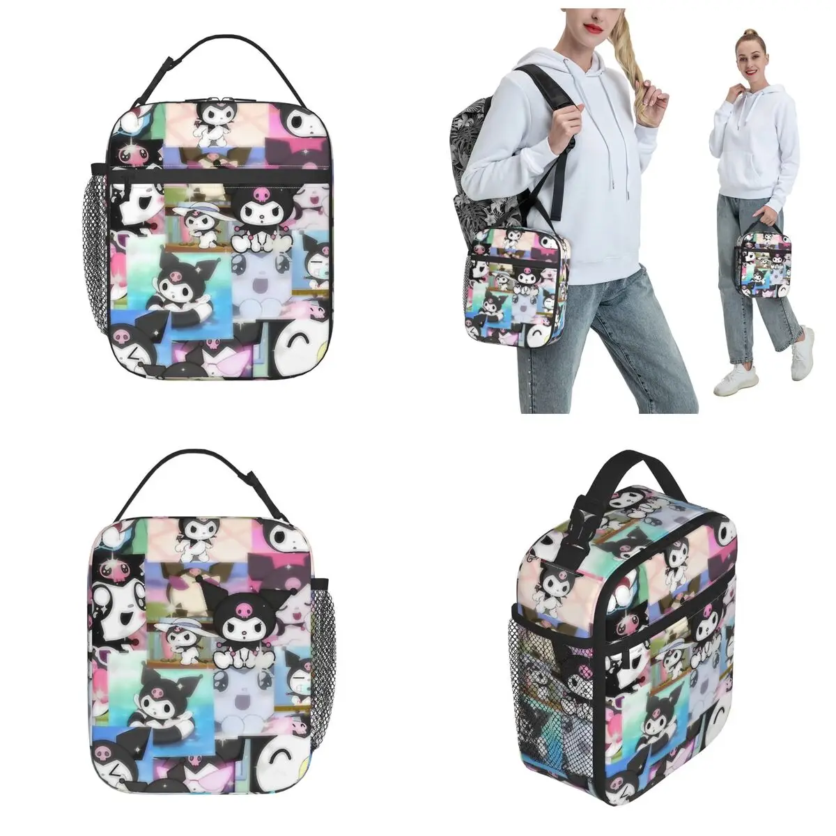 Black Rabbit Kawaii Cartoon Insulated Lunch Bag Thermal Bag contenitore per pasti Tote portatile Lunch Box Girl Boy School Picnic