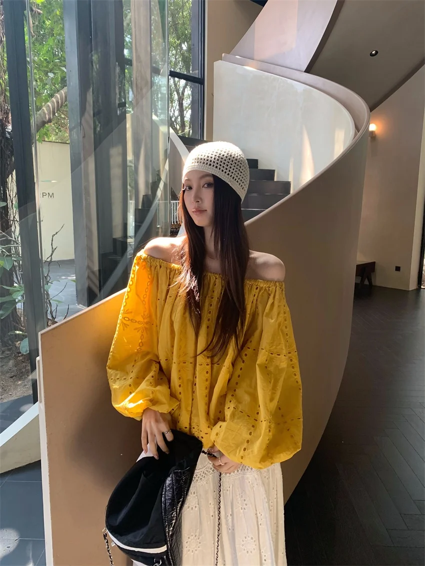 Alien Kitty Sweet Blouses Women Slash Neck Loose Spring 2025 Holiday Off Shoulders Chic Elegant Casual New Loose Hollow Out Sexy
