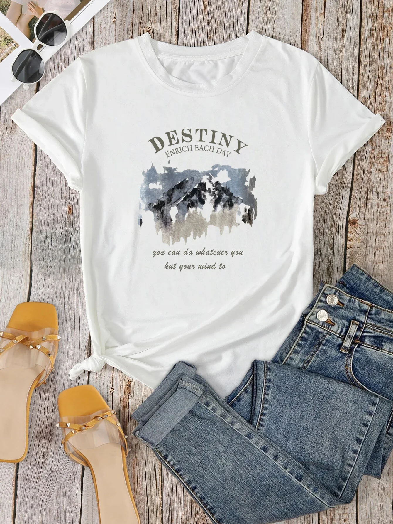 Fashion Summer T Shirt 'DESTINY ENRICH EACH DAY'Tee,Print Crew Neck T-shirt,Women's Casual Loose Short Sleeve  Tops