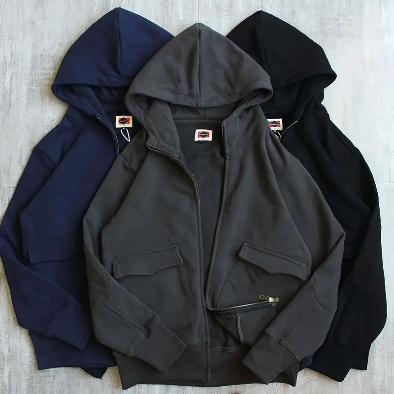 

Zipper Shirt Men's Japanese Retro Casual Double Pocket Zipper Hooded Autumn and Winter Long Sleeved Sweatshirt Jacket