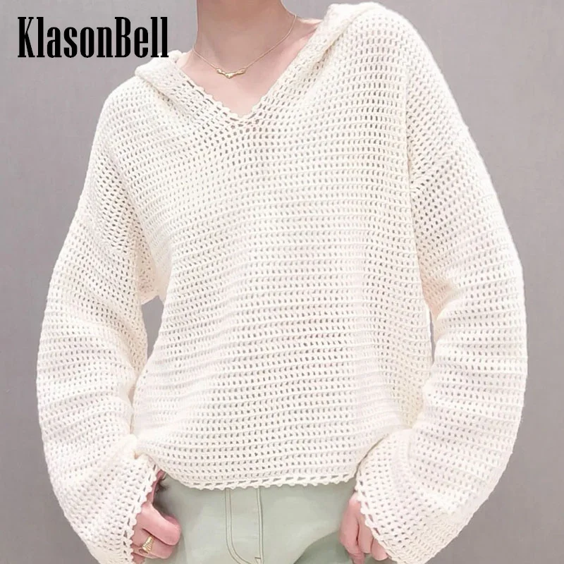 

7.15 KlasonBell Women's 2024 Autumn New Hollow Out Crochet Jacquard Hooded Knitwear Temperament Loose Cashmere Knit Sweater