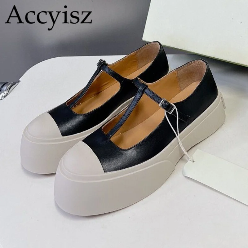 

Spring genuine leather round toe shallow mouth Mary Jane women's thick sole height increasing single button casual single shoes