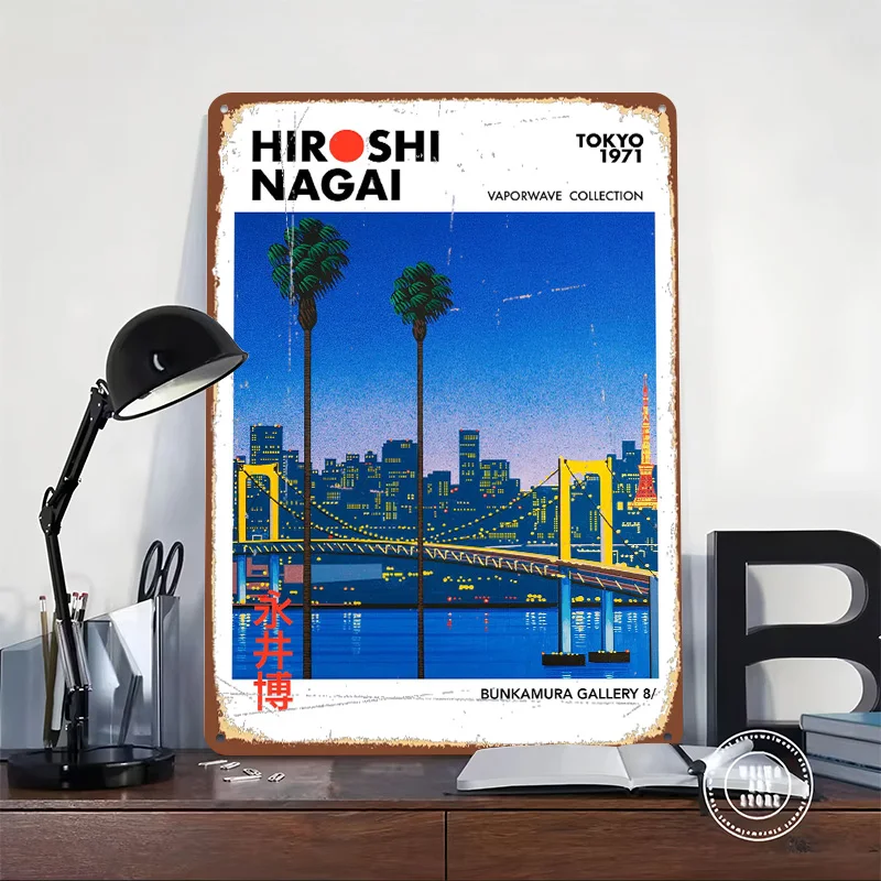 Hiroshi Nagai Vaporwave Tokyo Poster Customized Wall Art Vintage Metal Signs Retro Tin Plaque for Man Cave Home Decor Items Room