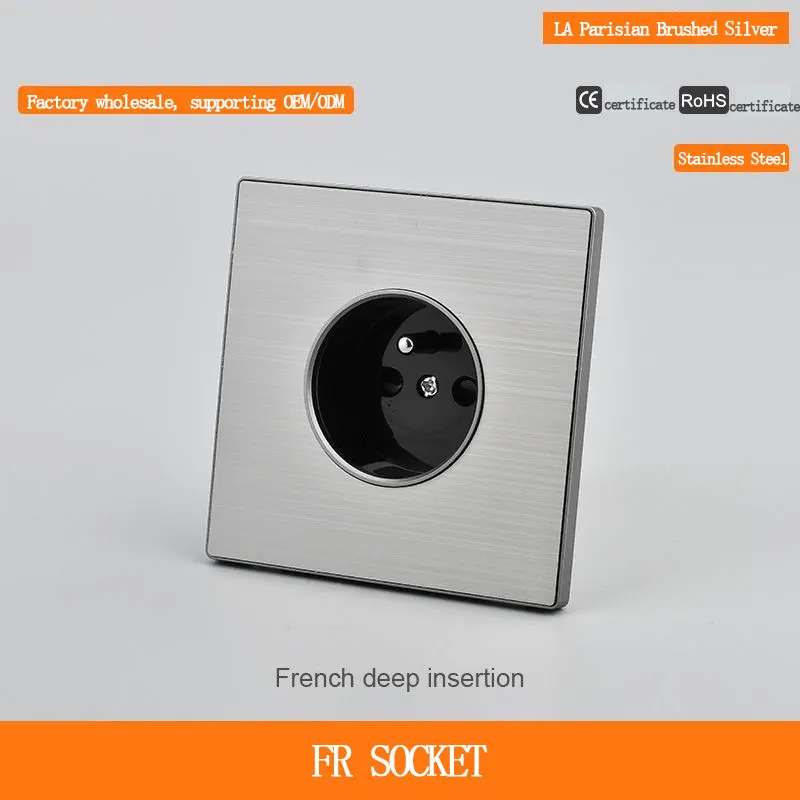 16A European Style Power Socket 86-Type Concealed Installation French Standard Two-Hole Socket with Stainless Steel Silver Panel