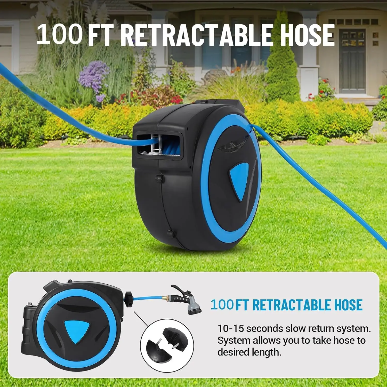 Retractable Garden Hose Reel - 1/2 In x 100 Ft, Wall Mounted, 9-Function Sprayer Nozzle, Any Length Lock, Slow Return