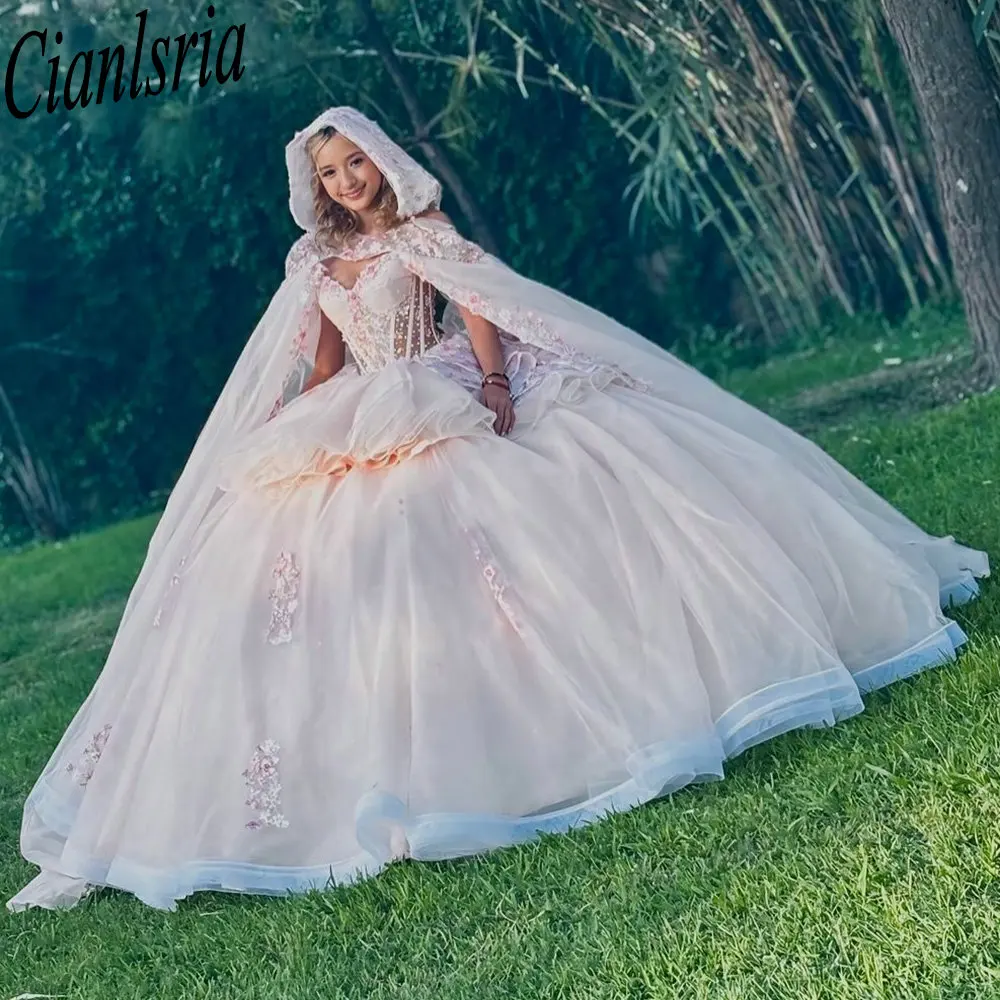 

Pink 3D Floral Lace Quinceanera Dresses With Cape Ball Gown Beading Crystal Ruffles Sweet 15 Años Mexican Customized