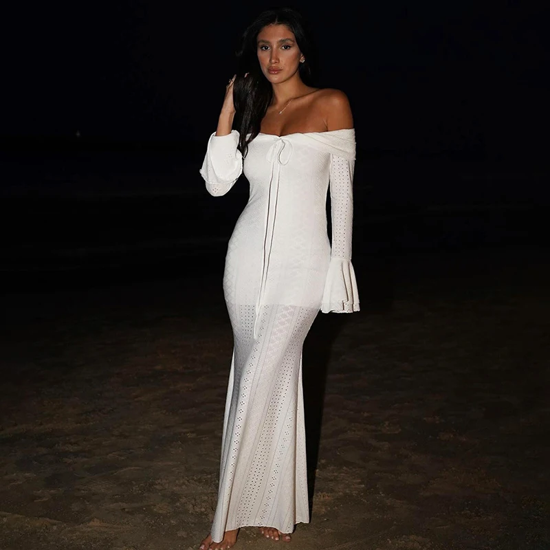 Ticketsx Solid Hollow ชุดสตรี Flare แขนยาวหนึ่งไหล่เซ็กซี่ชุดหญิงชุดราตรี Ruched Slim Dresses