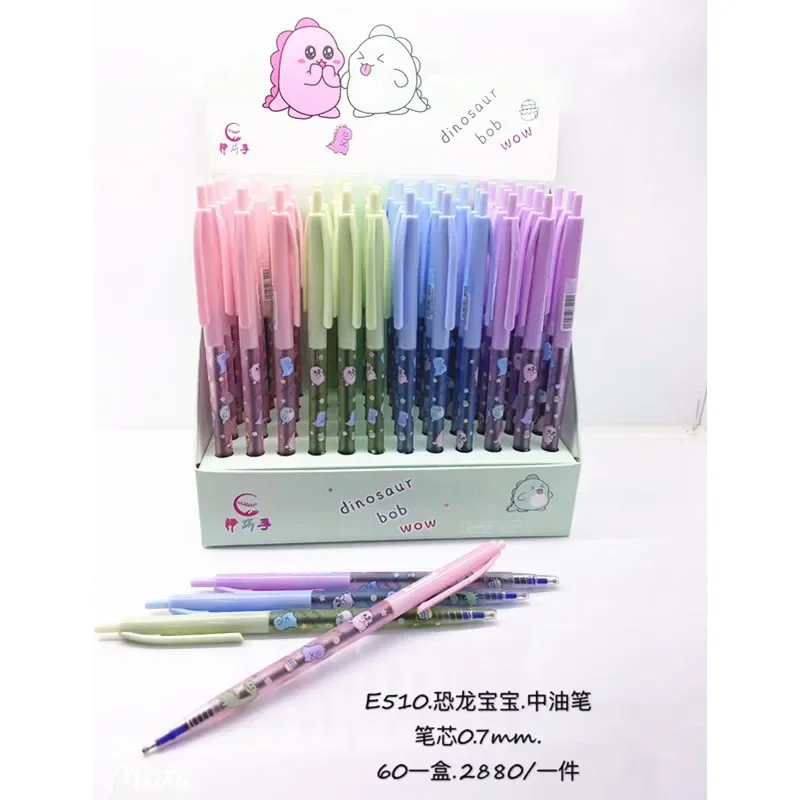 

60pcs Korean student cartoon corner ball point pen dinosaur ball pen fruit press medium oil pen B