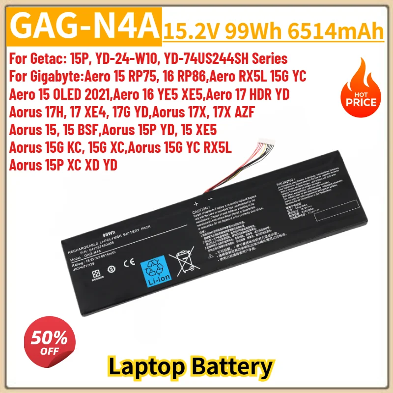 GAG-N4A Laptop Battery 15.2V 6514mAh For Getac 15P,YD-24-W10,YD-74US244SH For Gigabyte Aero 15 RP75,16 RP86,RX5L 15G YC Battery