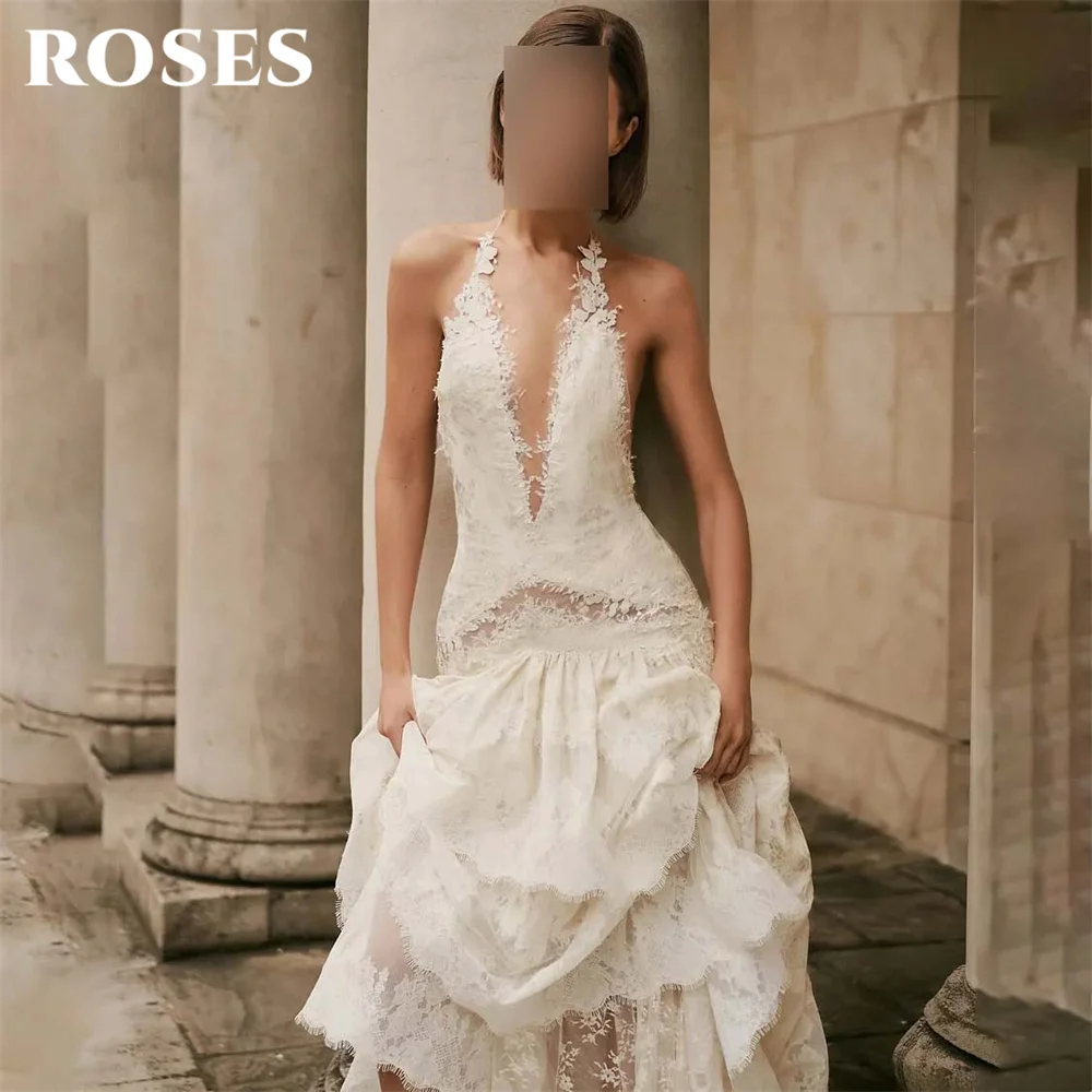 ROSES Ivory Halter Lace Wedding Dress Deep V Neck Open Back Formal Dress Tiered Ruffle Evening Dresses for Women Customized 2