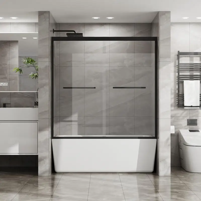 

Double Sliding Bathtub Shower Door 60" W x 58" H Aluminum Framed Tub Enclosure with Clear Tempered Glass, Stainless Steel