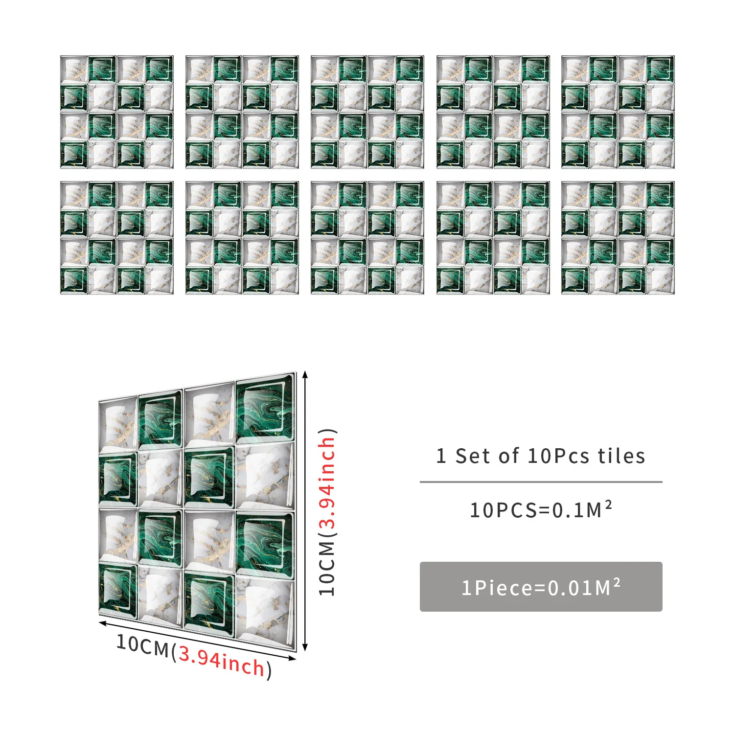 10pcs 10x10cm Waterproof Mosaic Wall Stickers Peel&Stick PVC Kitchen Oil-Proof Backsplash Bathroom DIY Home Renovator