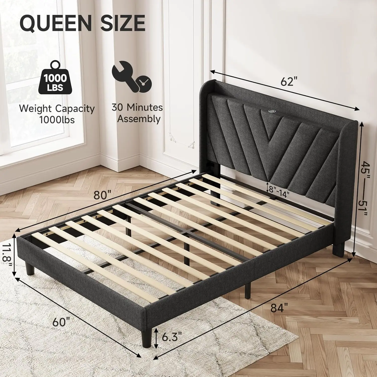 Bed Frame with Headboard, Adjustable Upholstered Platform Bed Frame with Type-C&USB Ports, Wingback Storage Headboard, Solid Woo