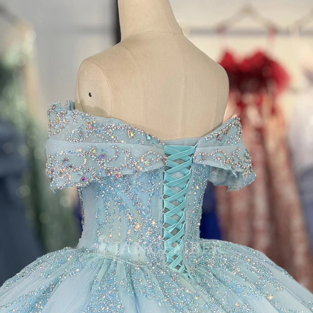Customized Shiny Sky Blue Quinceanera Dress Sweetheart Ball Gown Beading Short Sleeves Lace Up Back Sweet 16 Vestidos De 15 Anos