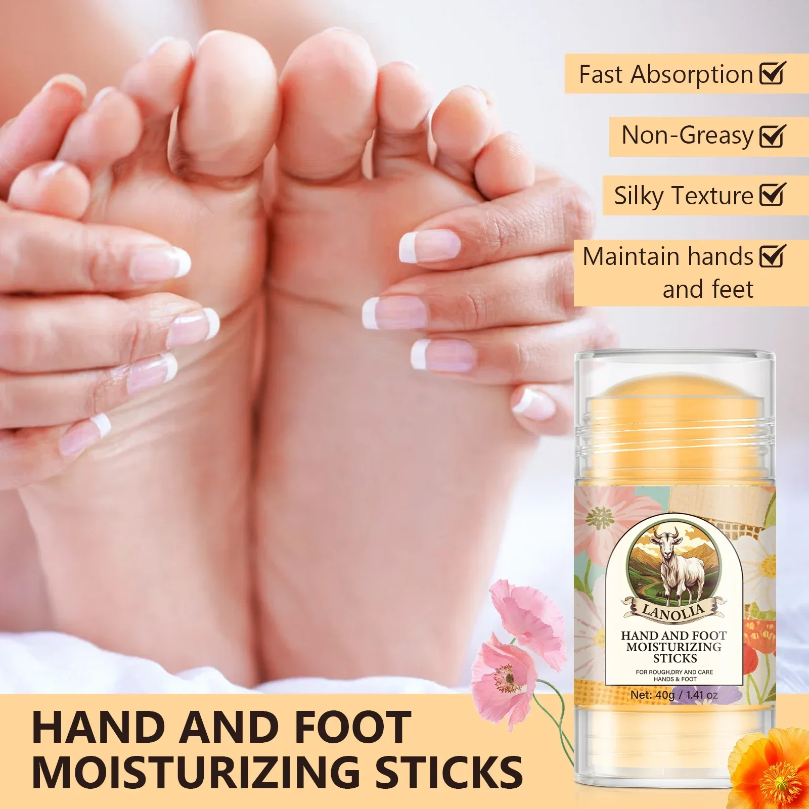 Bastão hidratante para pés e mãos, 40g, óleo de coco, manteiga de karité, absorção rápida, não gorduroso, cuidados com a pele seca para mãos e pés ásperos