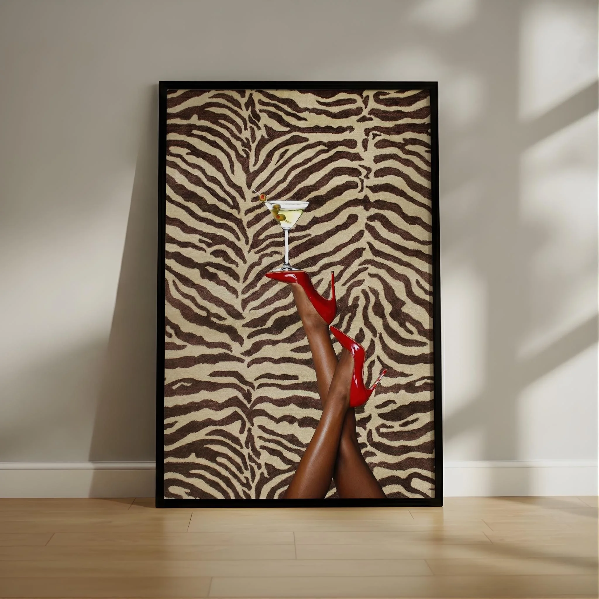 Auffälliges Zebramuster Rote Absätze Martini Leinwanddruck Poster Retro Glam Abstrakte Kunstdrucke Wohnzimmer Schlafzimmer Wandkunst Heimdekoration