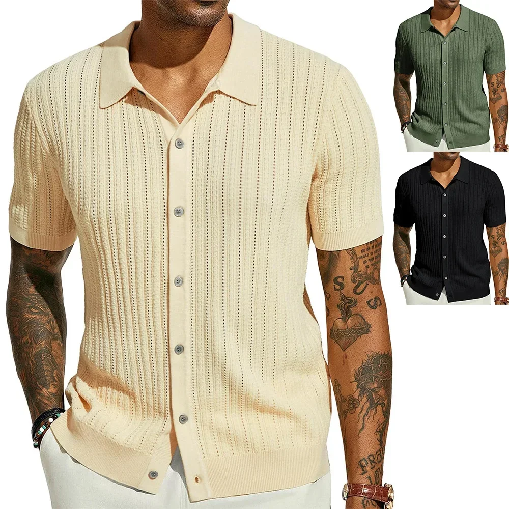 Men's Casual Knitted Shirt Summer New Solid Color Top Short Sleeved Lapel Hollowed Out Breathable Men Clothing