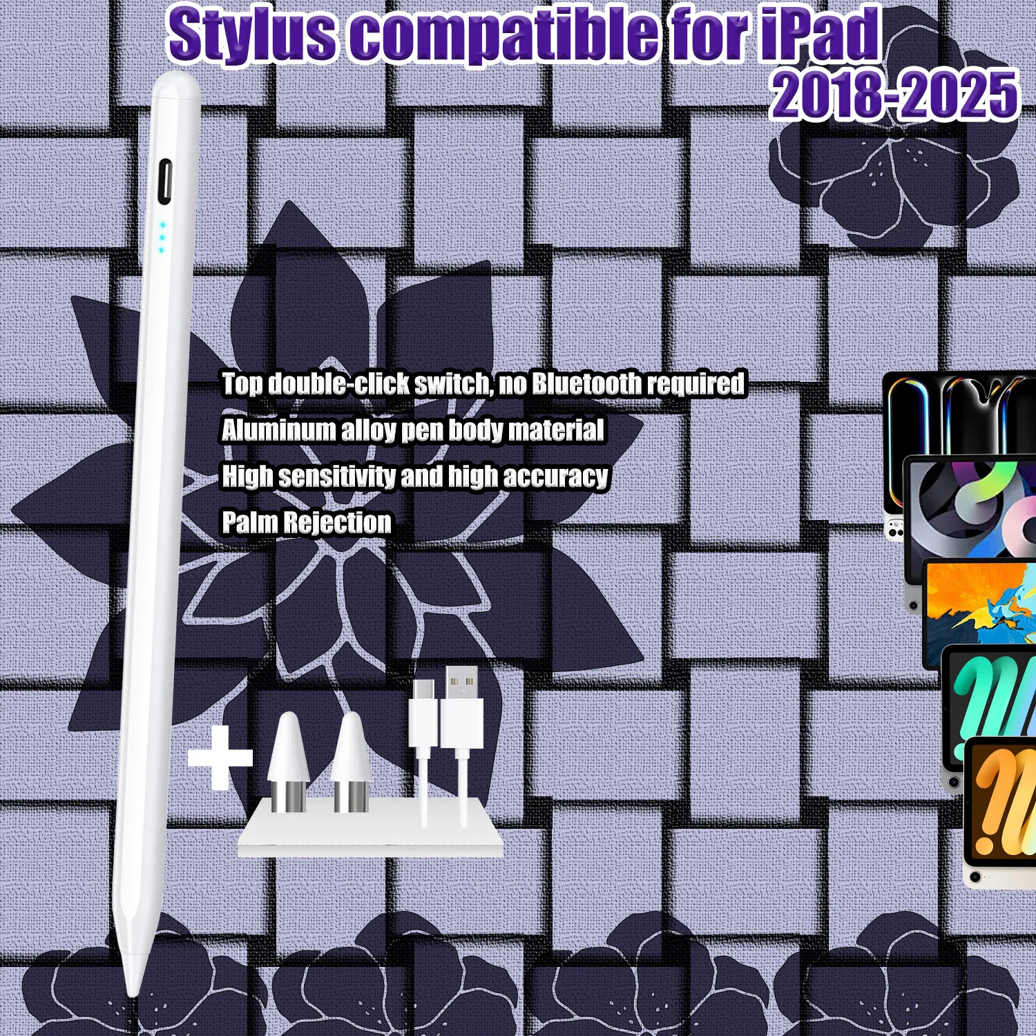 

Stylus Pen for Apple iPad 2018-2026, Fast Charge, Ultra-Long Battery, Magnetic Side Storage, Palm Rejection, Smooth Writing