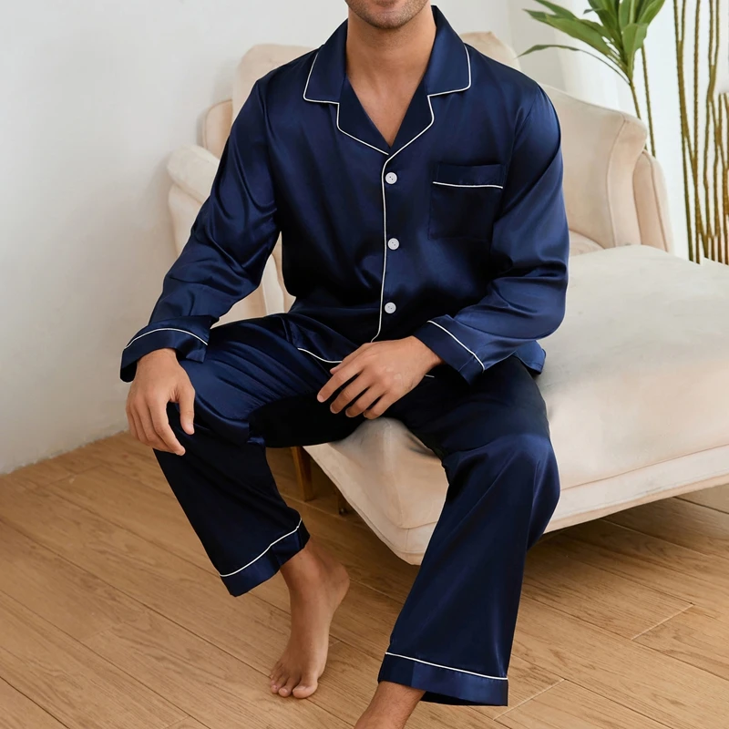 Men's Casual Solid Pajama Pjs Sets & Long Sleeve Flip Collar Pocket Shirt Top & Elastic Waist Loose Pants Sleepwear Home Clothes