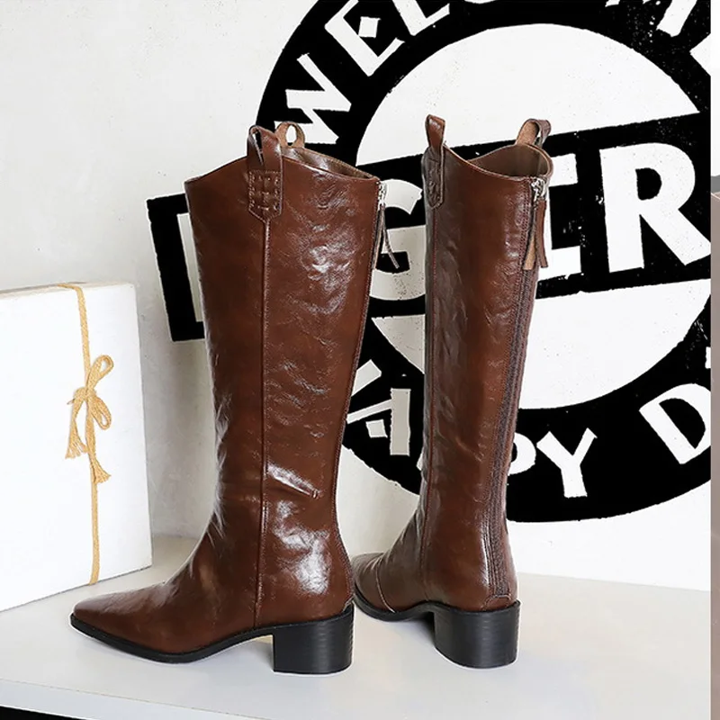 BIGTREE Spring Autumn Pointed Toe Knee-High Boots Women Designer Vintage Square Low Heels Shoes Modern Long Botas Para Mujer