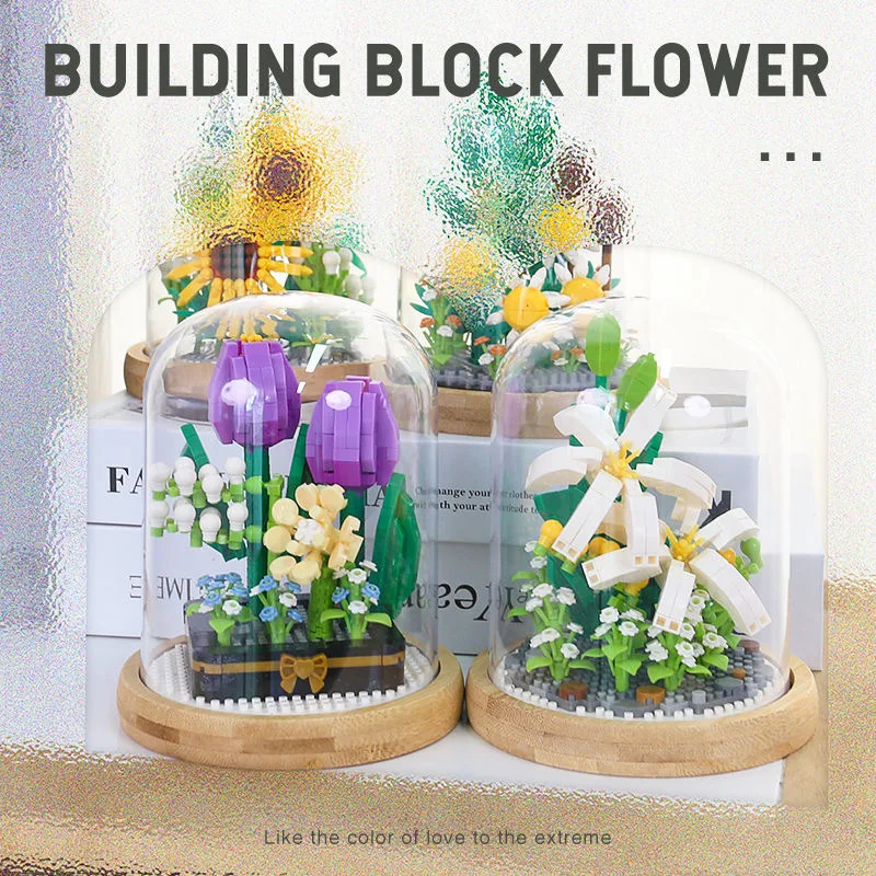 Building Blocks Flower DIY Rose and Chrysanthemum Potted Bouquet Home Decoration 3D Model Flower Block Girl Gift Children\'s Toys