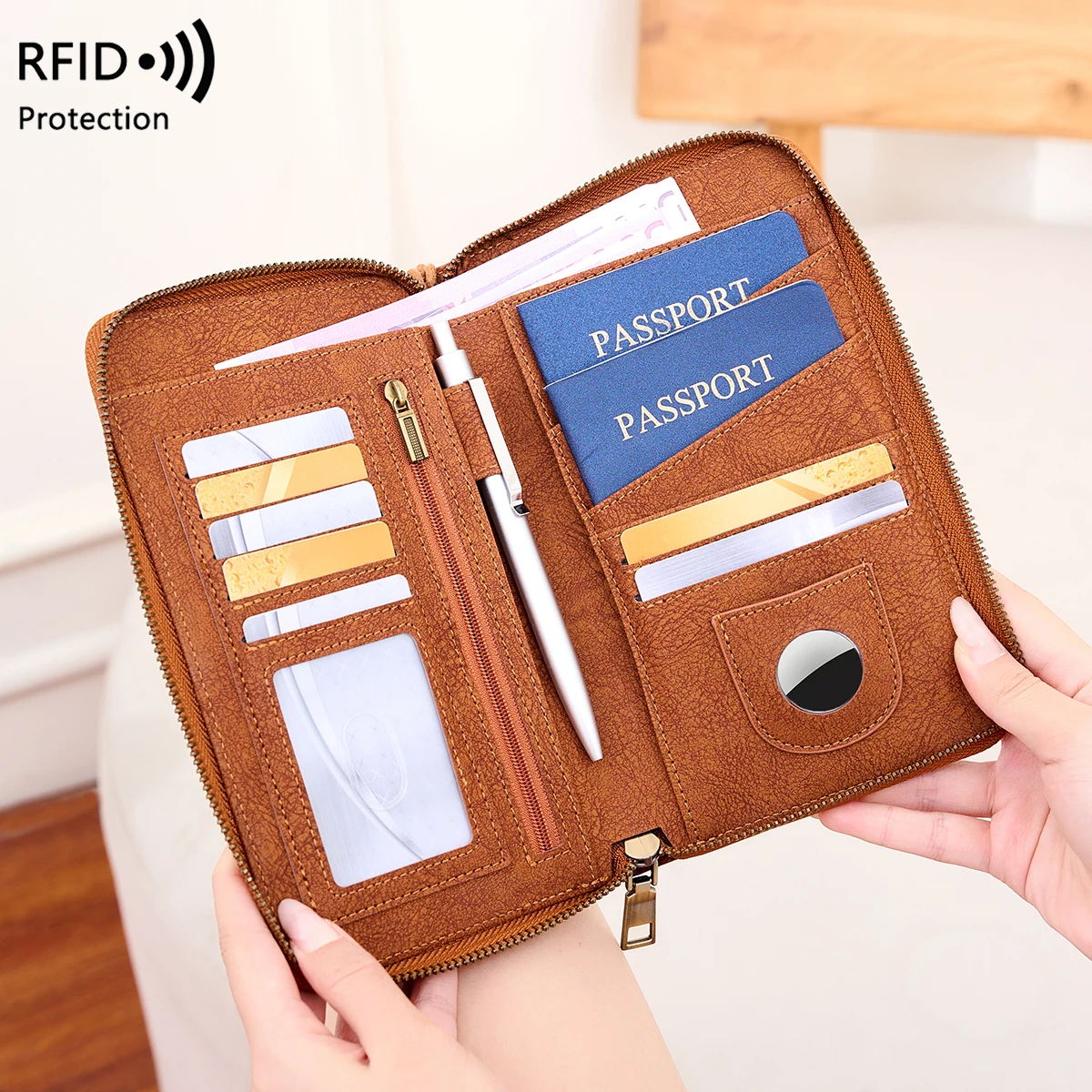 Multi-Functional RFID Blocking Passport Bag Travel Document Holder with Long Zipper Ticket Storage Wallet for Multiple Passports