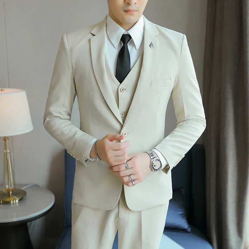 

Men's Business Trendy Solid Color Three-Piece Suit Set - High-Quality Fashion Ensemble With Vest And Trousers