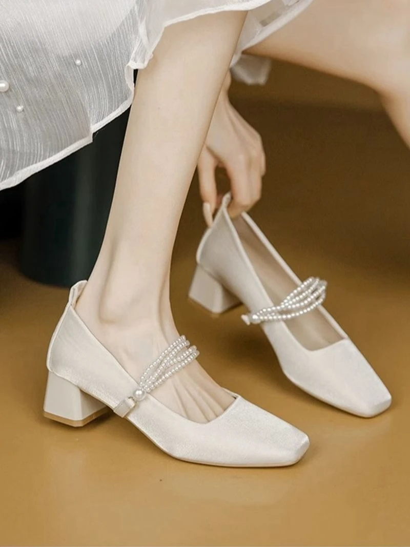

Mary Jane Women Shoes Square Toe Chunky Heel Fairy Style Pearl Decor Non Tired Feet Wedding Bridal Shoes Match Dress Single Shoe