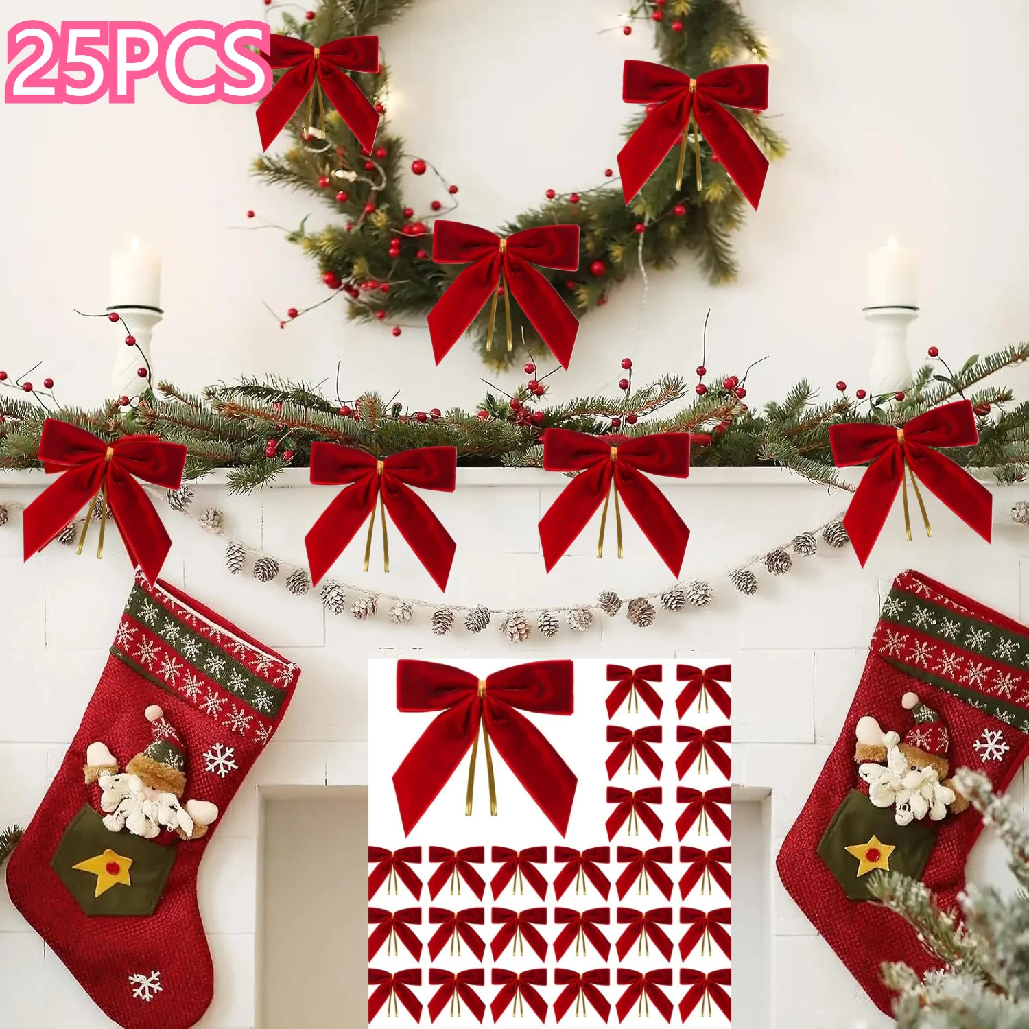 25pcs Christmas Bowknot Decoration Exquisite Holiday Bow Xmas Tree Velvet Bows Gift Wrapping Crafts Home Hanging Decor