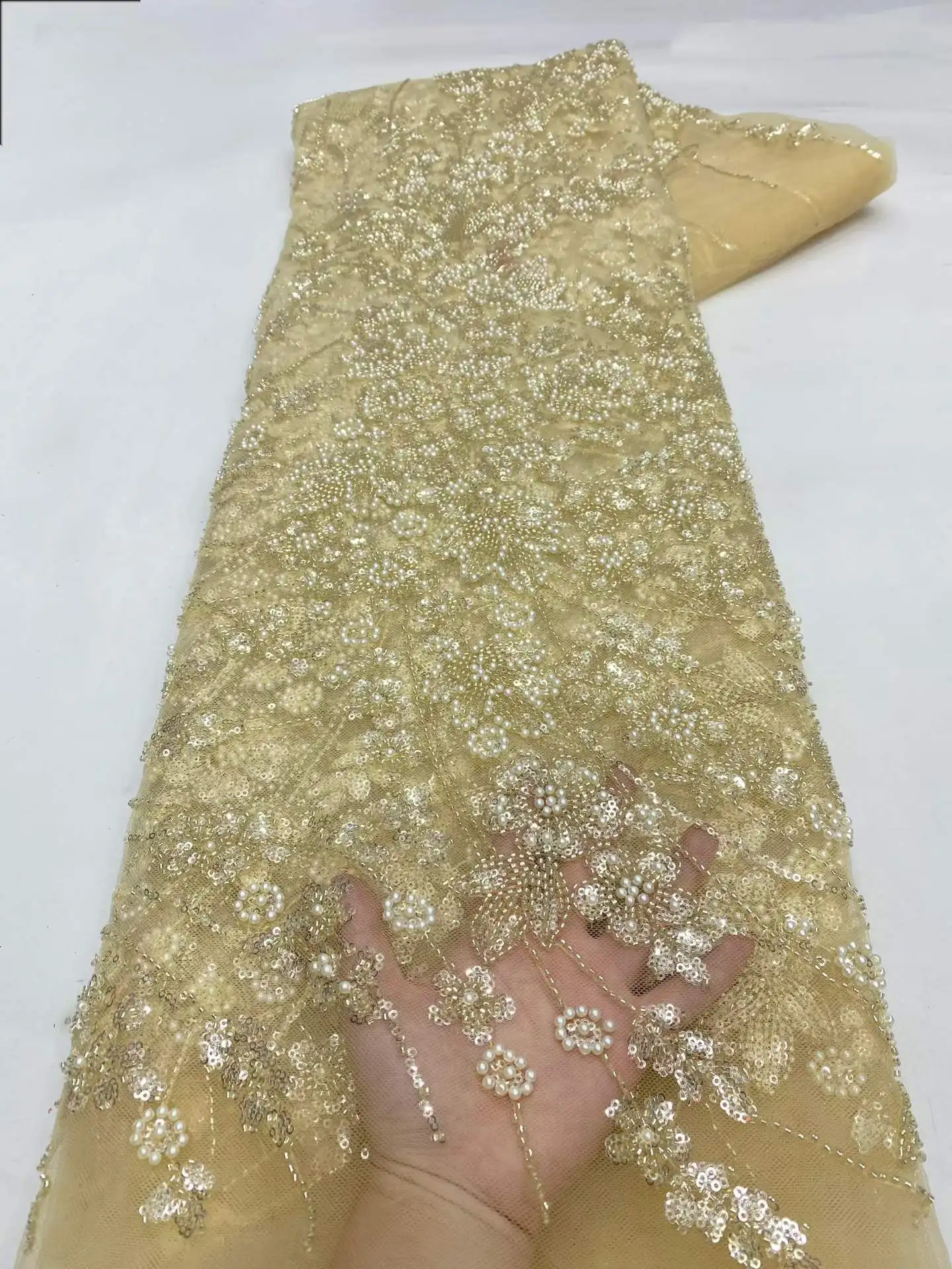 

African Luxury Sequins Lace Fabrics 2026 Latest Beaded Embroidery French Tulle Mesh Lace Fabric Material For Party Wedding