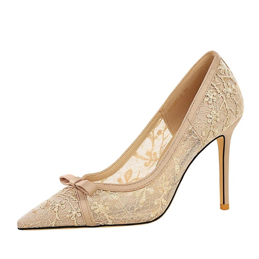 جديد إمرأة مثير الفم الضحلة سوبر عالية الكعب مع القوس أشار تو الدانتيل شبكة السيدات الفم الضحلة سليم حذا فردي للسيدات #4