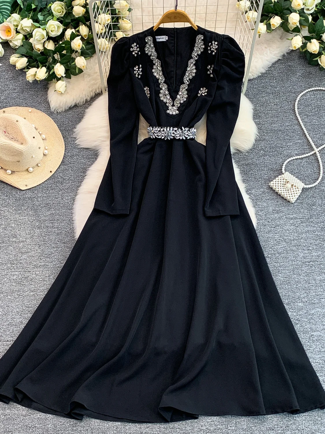 

Hebe Style Heavy Embellished V-Neck Dress Women's Summer High-End Slimming Long Skirt A-Line Evening Gown Diamond Embedded