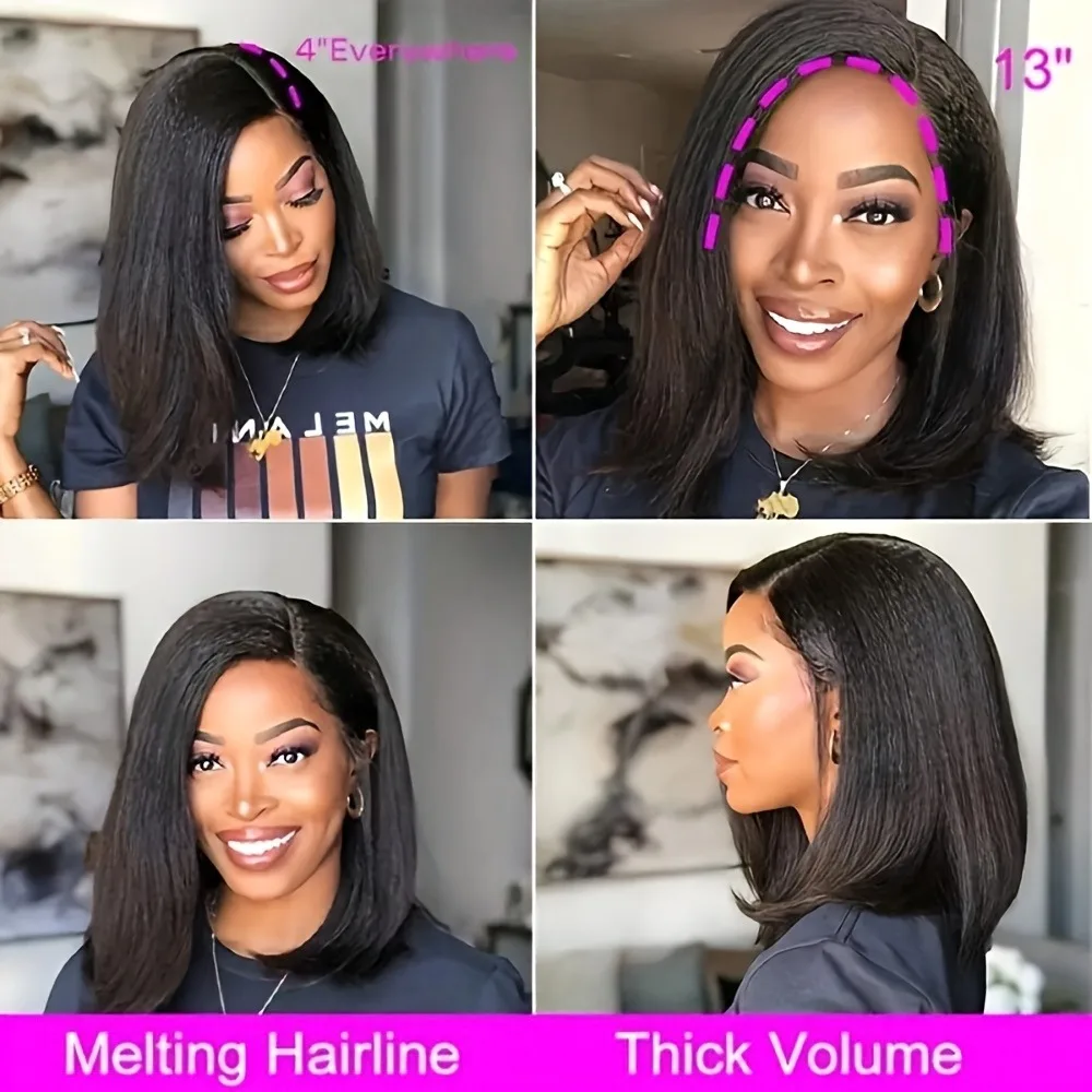 باروكة من شعر طبيعي مفرود من BOB مع شعر مستعار بدانتيل أمامي عالي الدقة 13 × 4 - خط شعر طبيعي بدون صمغ، نسيج ياكي مستقيم