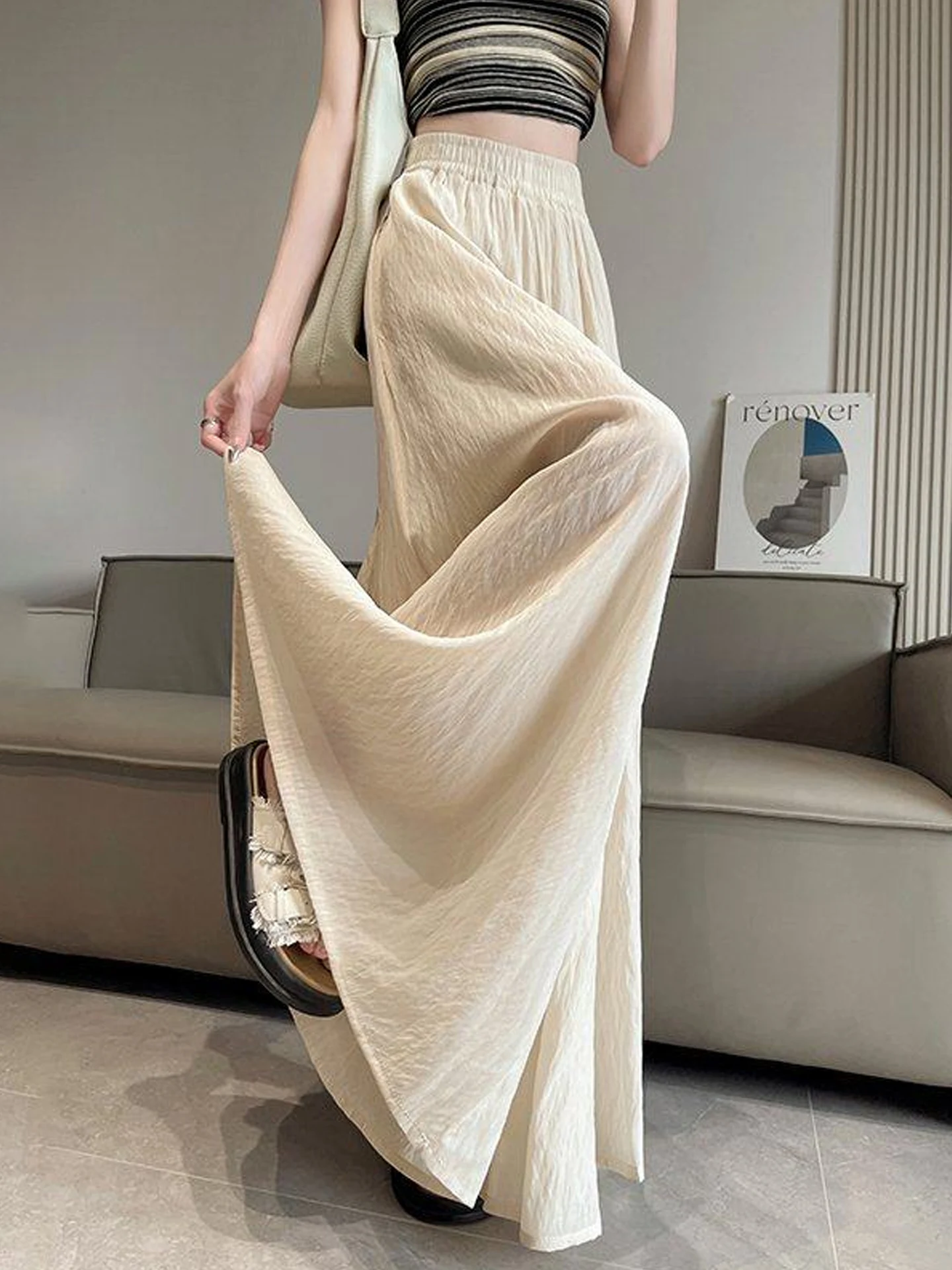 

Широкие брюки-юбка из льняной ткани Ice Silk для женщин, весна-лето, новинка, европейский стиль, повседневные брюки с высокой талией
