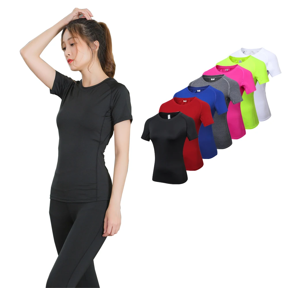 Camisetas de Fitness para mujer, camiseta de secado rápido, medias elásticas deportivas para Yoga, gimnasio, correr, camisetas de manga corta,