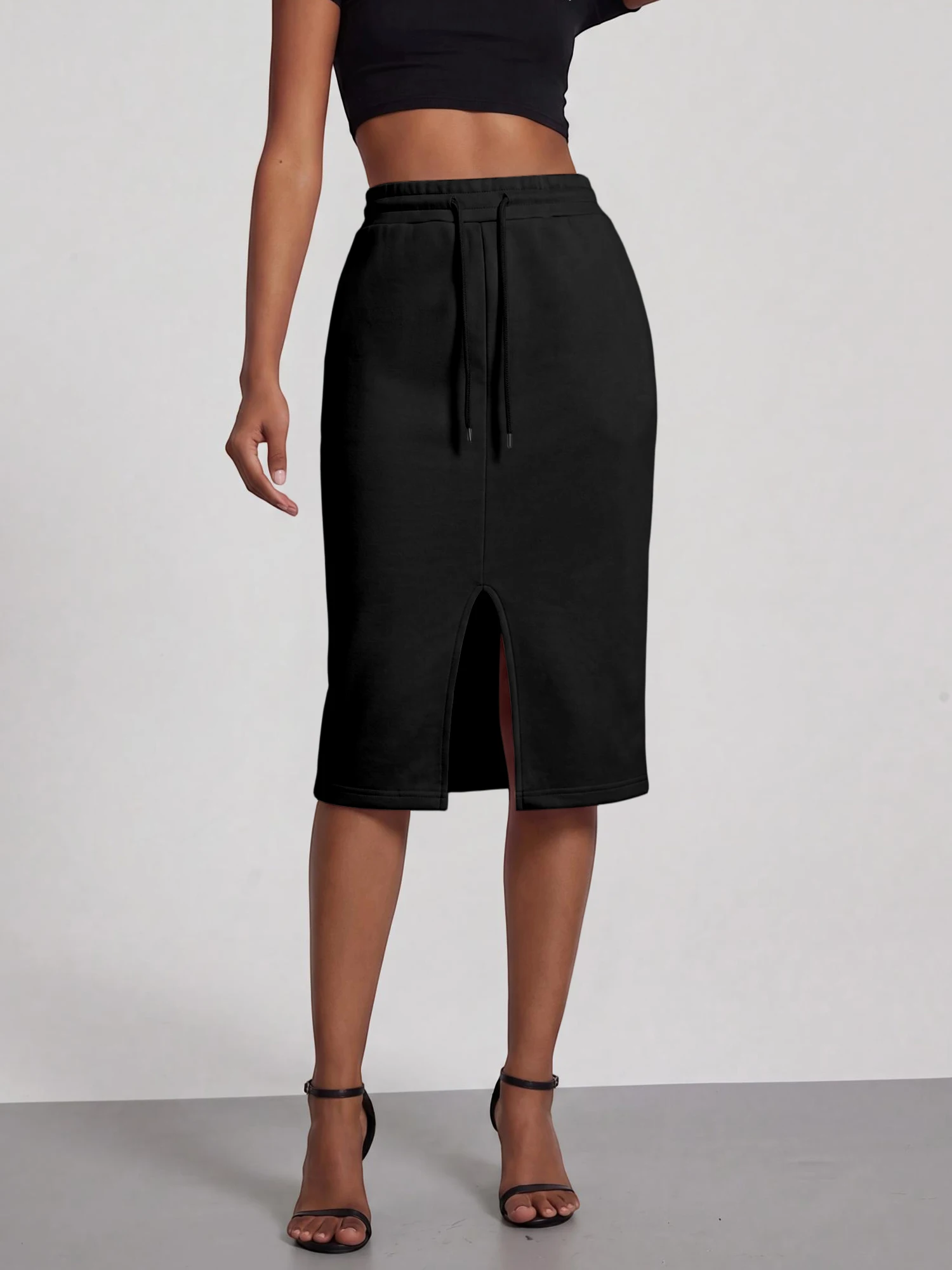 Trend Y2K Women Terry Bodycon Midi Skirt Adjustable Drawstring Waist Front Slit Slim Fit Street Club Daily Party Skirt