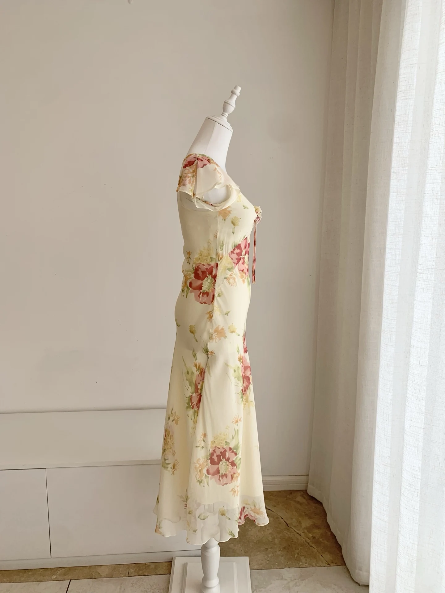 Female 100% Silk Long Dress Floral Printed Short Sleeve V-Neck High Waist Casual Ladies Robe view 6
